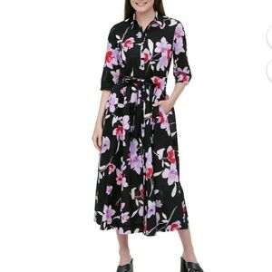 Calvin Klein Women's  Floral 3/4 Sleeve Black/Purple Shirt Maxi  Dress Size 6